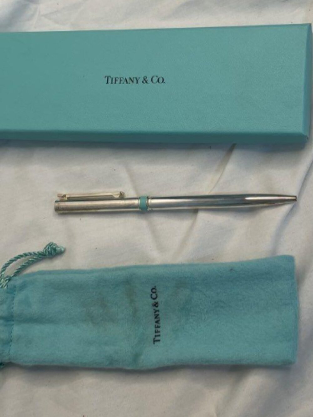 Tiffany & Co. Sterling Silver Ballpoint Pen w/ blue stripe, bag and case